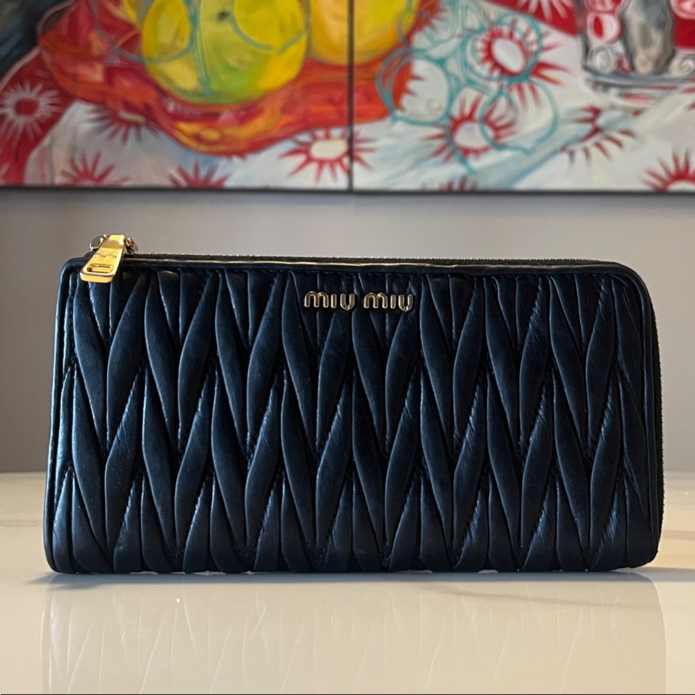 Miu Miu Matelassé Black Zip Around Wallet